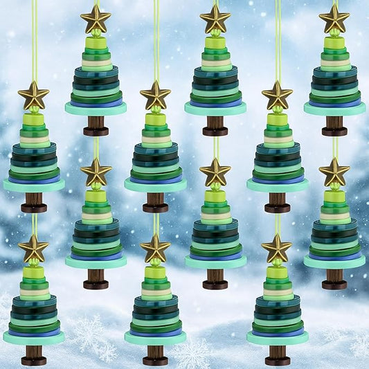 Soulchen 12 Sets Button Christmas Tree Craft Kits Make Your Own Button Christmas Tree Decorations DIY Xmas Hanging Ornament for Holiday Stocking Filler Gift Decor(Green)