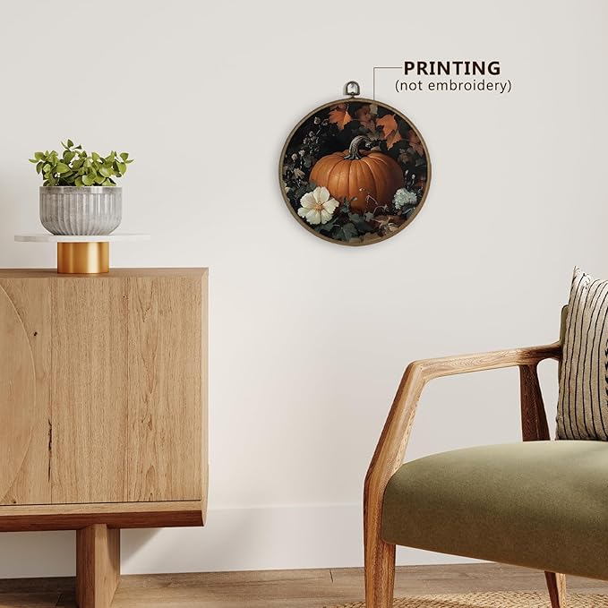 Gnmduw Fall Pumpkin Wall Art Framed, Pumpkin Wall Decor, Rustic Fall Thanksgiving Pumpkins Round Hanging Wall Decor, Halloween Pumpkin Canvas Prints Art for Cottage Core Living Room Bathroom,10x10 In