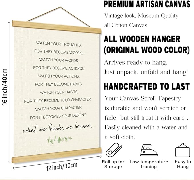 Inspirational Canvas Poster, Canvas Posters Wood Hanger, Watch Your Thoughts Poster Quotes Wall Decor, Motivational Classroom Posters, Positive Mindset Decoration, Home Office Decor