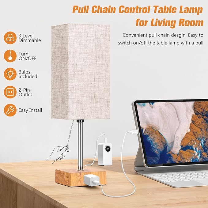 Bedside Table Lamps for Bedroom Nightstand, Bedroom Lamp with 3 Color Temperatures Nightstand Lamps Set of 2 with AC Outlets, Square Pull Chain Bedside Lamp for Living Room, Home Decor