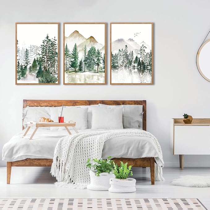 ANHUIB Large Framed Mountain Wall Art Watercolor Forest Landscape Painting Green Nature Prints Art Rustic Wall Decor Set of 3 for Living Room Bedroom Office 16x24 Inch