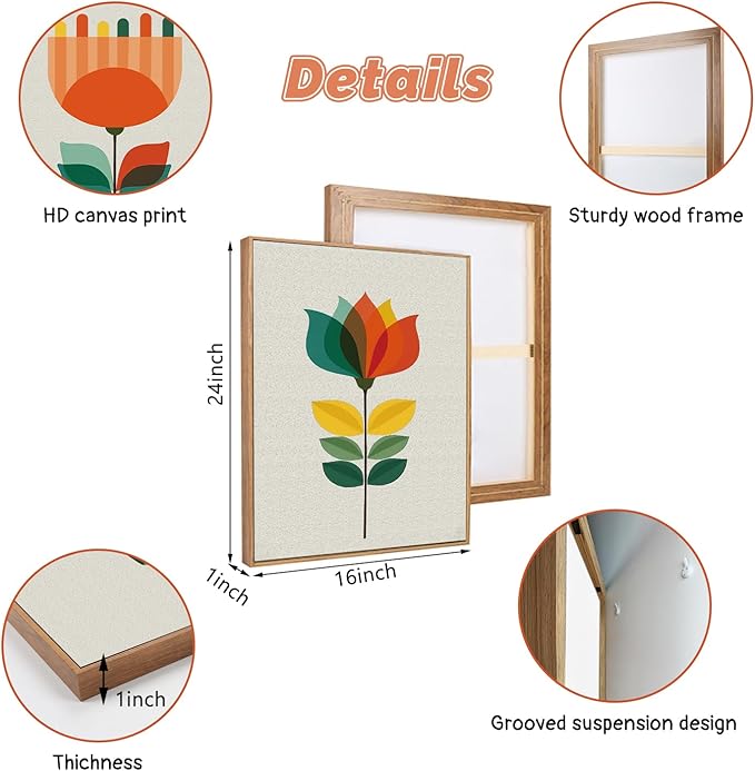 CHDITB Abstract Floral Framed Canvas Wall Art, Large Aesthetics Geometry Flowers Wall Decor, Neutral Geometric Lines Wall Painting, Modern Floral Art Prints for Living Room Bedroom Office 16"x24"x3