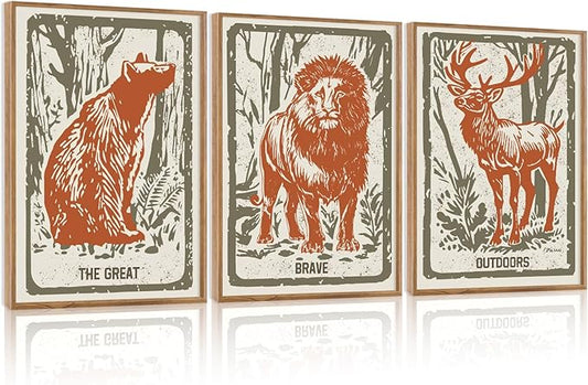 HPNIUB Cartoon Forest Animals Framed Canvas Wall Art Set, Modern Abstract Jungle Deer Bear Lion Wall Decor, Inspirational Quote Wall Painting, Boho Art Print for Preppy Room, Living Room, Bedroom - 16"x24"x3