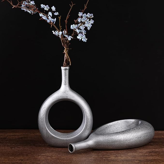 Silver Ceramic Hollow Elliptical Vase Set of 2 - Boho Circle Vase with Hole, for Modern Silver Table Decor, Living Room Decor Shelf mid Century Modern Home Entrance Decorative vase