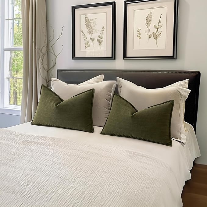 MIULEE Pack of 2 Olive Green Decorative Lumbar Pillow Covers 12x20 Inch Soft Chenille Luxurious Couch Throw Pillows Farmhouse Cushion Covers with Elegant Design for Sofa Bed Living Room Home Decor