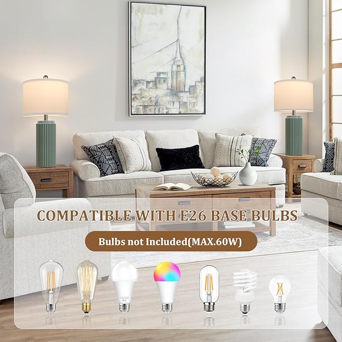 TOBUSA 23.5’’ Modern Green Ceramic Table Lamps Set of 2 for Living Room, Farmhouse Ceramic Bedside Nightstand Lamps for Bedroom, Vintage Decorative Boho Lamps for Home End Table Dorm Office