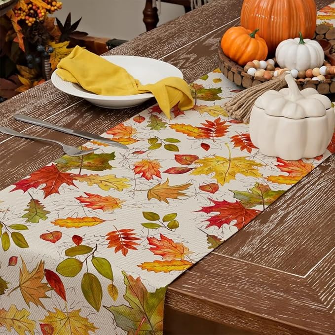 GEEORY Fall Table Runner 13x72 Inch, Maple Leaves Rustic Thanksgiving Farmhouse Decor Table Decoration for Kitchen Dinning, Indoor Outdoor Dinner Party (Orange Red Green Leaves) GT115-72