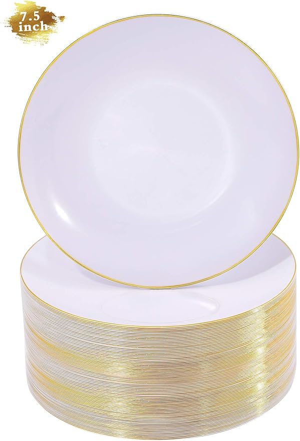 Nervure 100Pieces White with Gold Rim Plastic Plates - 7.5inch Disposable Gold Salad/Dessert Plate - White and Gold Plastic Plates Ideal for Wedding & Party & Thanksgiving