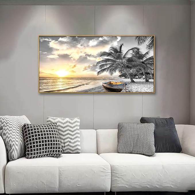 Framed Canvas Wall Art for Living Room Bedroom Office Black and White Beach Wall Art Paintings Pictures Artwork Seascape Sunset Wall Decor 20 * 40inch