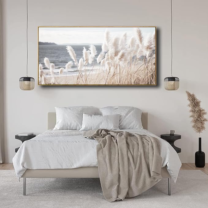 Framed Wall Art Artwork Decor Nature Canvas Painting ReedSeascape Wall Decor for Bedroom Living Room Decoration Home Kitchen Office 24" x 48"