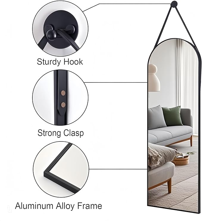 16"x48" Hanging Mirror with Leather Strap,Arched Full Length Mirror with Aluminum Frame Wall-Mounted Hanging Mirrors for Bathroom Vanity Living Room Bedroom Entryway Décor, Black