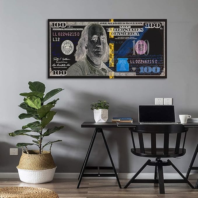 Inspirational Benjamin Franjlin 100 Dollar Money Canvas Wall Art Nordic Western Paintings USD Money Office Artwork HD Print for Guest Room Rest Room Wall Hangings Wooden Framed Ready to Hang-40"Wx20"H