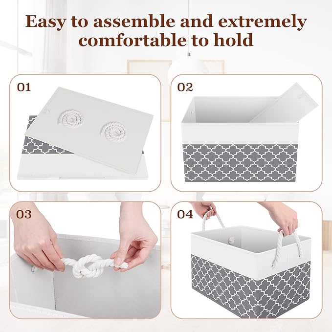 Fab totes Storage Bins [8-Pack], Foldable Storage Baskets for Organizing Toys, Books, Shelves, Closet, Large Storage Box with Rope Handles, Sturdy Organizer Bins,Clover Grey