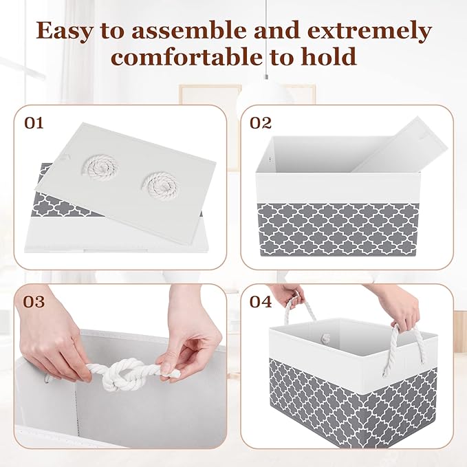 Fab totes Storage Bins [4-Pack], Foldable Storage Baskets for Organizing Toys, Books, Shelves, Closet, Large Storage Box with Rope Handles, Sturdy Organizer Bins,Clover Grey