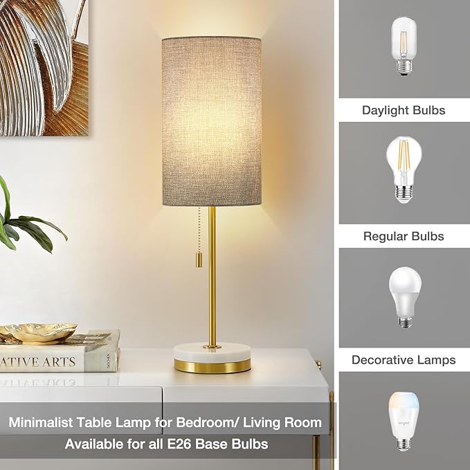 Luvkczc Minimalist Table Lamp Set of 2, Nightstand Lamp for Bedroom Living Room, Modern Pull Chain Bedside Lamp with Marble Base, Fabric Shade, Small Desk Lamp for Home, Office, Reading,Grey