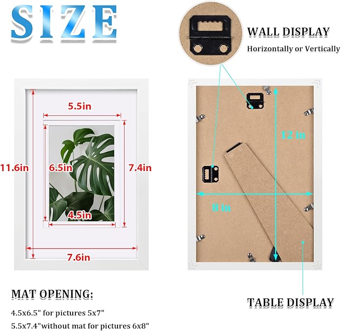 Egofine 8x12 Picture Frames Set of 4, Made of Solid Wood Covered by Plexiglass 5x7 and 6x8 with Mat or 8x12 without Mat, for Table Top Display and Wall Mounting Photo Frame White