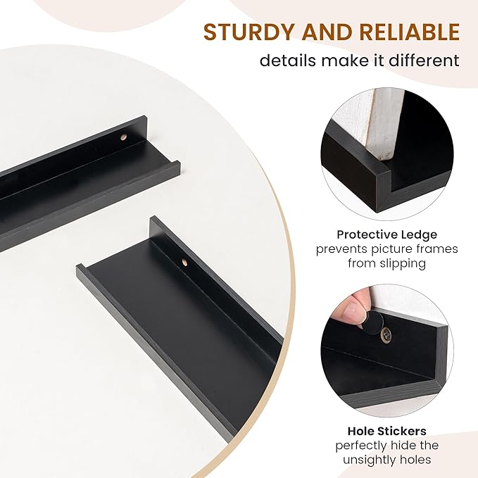 Axeman Picture Ledge Shelf, Floating Shelves for Wall Decor Storage Set of 6, 16 inch Floating Wall Mounted Shelves, Wall Shelves with Lip for Living Room, Bedroom, Nursery, Bathroom, Kitchen, Black