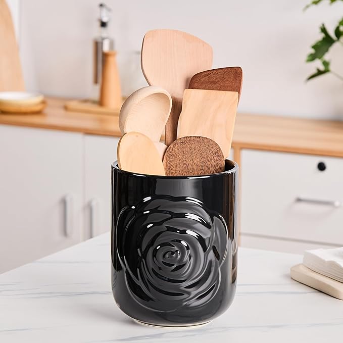Black Ceramic Utensil Holder Set of 2 - Rose Carved Design, Kitchen Countertop Utensil Organizer for Spatula, Spoon & Cooking Tools, Large (7.5") & Small (5.5"), Farmhouse Kitchen Counter Decor