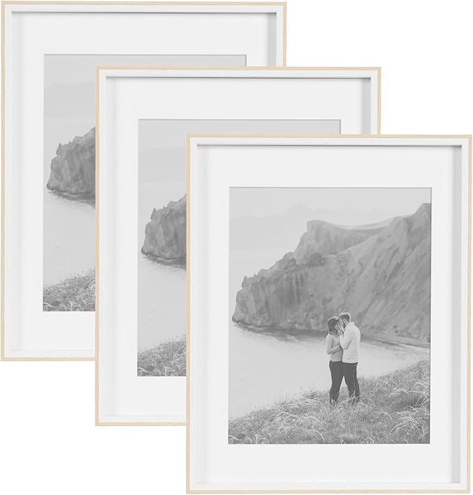 Kate and Laurel Gibson Modern Wall Picture Frame Set of 3; 14x18 matted to 11x14; White and Natural; Modern Three-Piece Frame Set for Gallery Wall Frame Set in Living Room Wall Decor
