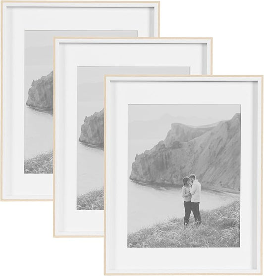 Kate and Laurel Gibson Modern Wall Picture Frame Set of 3; 14x18 matted to 11x14; White and Natural; Modern Three-Piece Frame Set for Gallery Wall Frame Set in Living Room Wall Decor