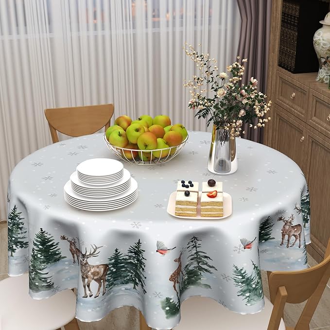 Winter Christmas Round Tablecloth 60 Inch Winter Snow Tree Deer Decorative Table Cloth Winter Holiday Table Cover for Christmas Party Kitchen Dining Room Holiday Picnic Home Indoor Outdoor Decor