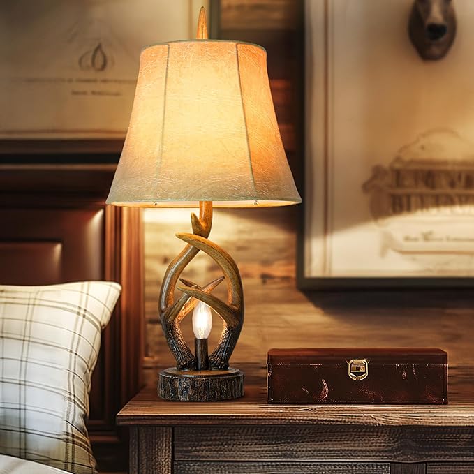 Scenekoy Rustic Farmhouse Antlers Bedside Table Lamp Set of 2 with Nightlight Dual USB Ports Leather Soft Bell Shade Brown Finish nightstand Lamp Decor for Living Room Bedroom Office House Hotel