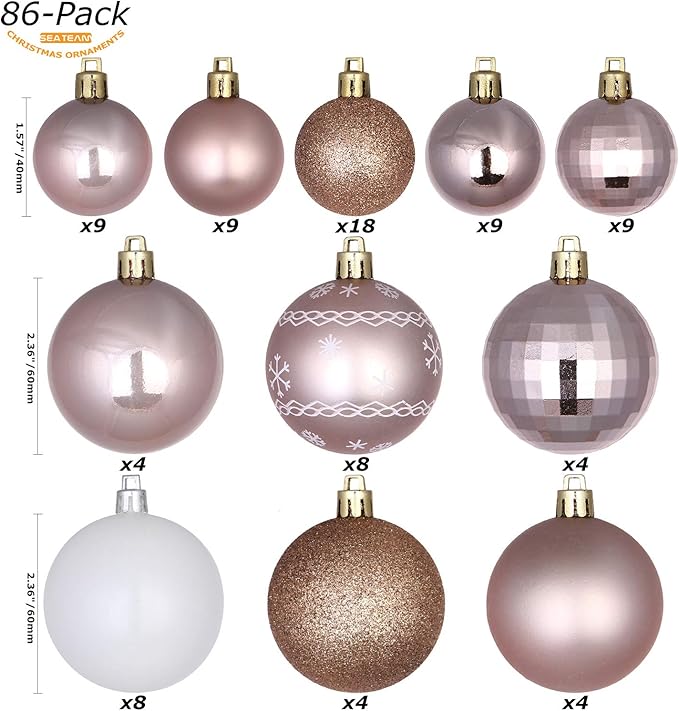 Sea Team 86-Pack Shatterproof Rose Gold Christmas Ball Ornaments Set, Assorted Multi-Sized Hanging Baubles, Xmas Tree Decorations, Seasonal Décor for Holiday Wreath Garland, Hooks Included