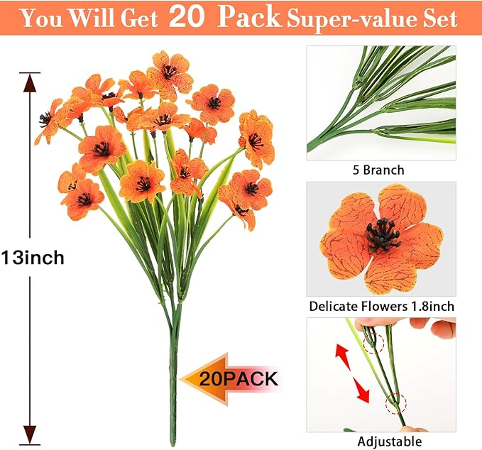 20 Bundles Fall Flowers Artificial for Decoration Outdoors, Fake Flowers Faux Plants Silk Colorful Daisy Eucalyptus Realistic UV Resistant for Garden Patio Porch Box Home Decor, Orange