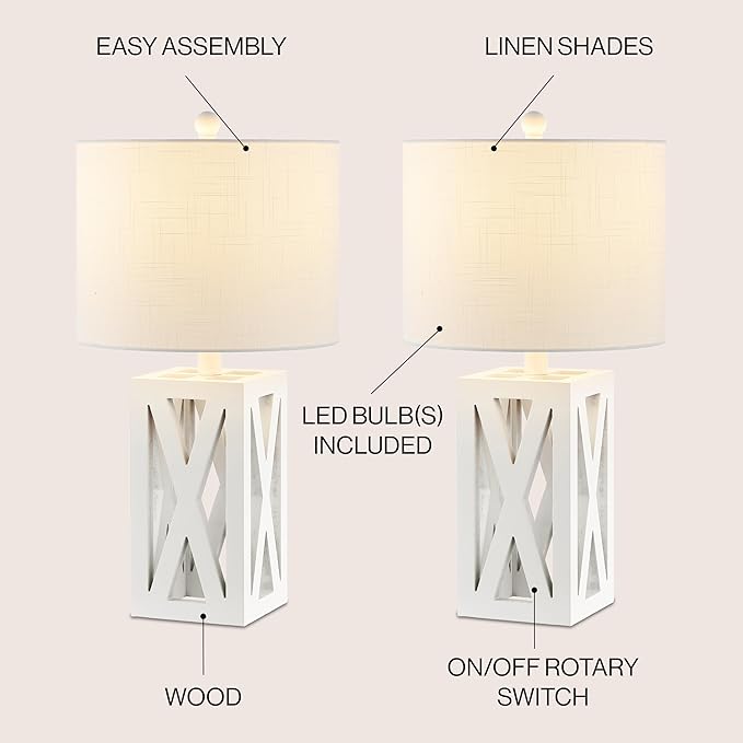 JONATHAN Y JYL1062B-SET2 Stewart 21.5" Wood LED Table Lamp Farmhouse, French Country, Rustic, Bohemian, Bedroom, Living Room, Office, College, Bookcase, White (Set of 2)