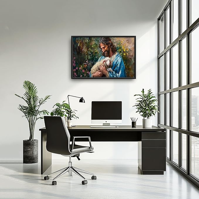 Flintis Large Jesus and Lamb Wall Art Christian Jesus Portrait Pictures Wall Decor Religion Canvas Painting Print Artwork Decoration Framed for Living Room Bathroom Master Bedroom Office 36L x 24W