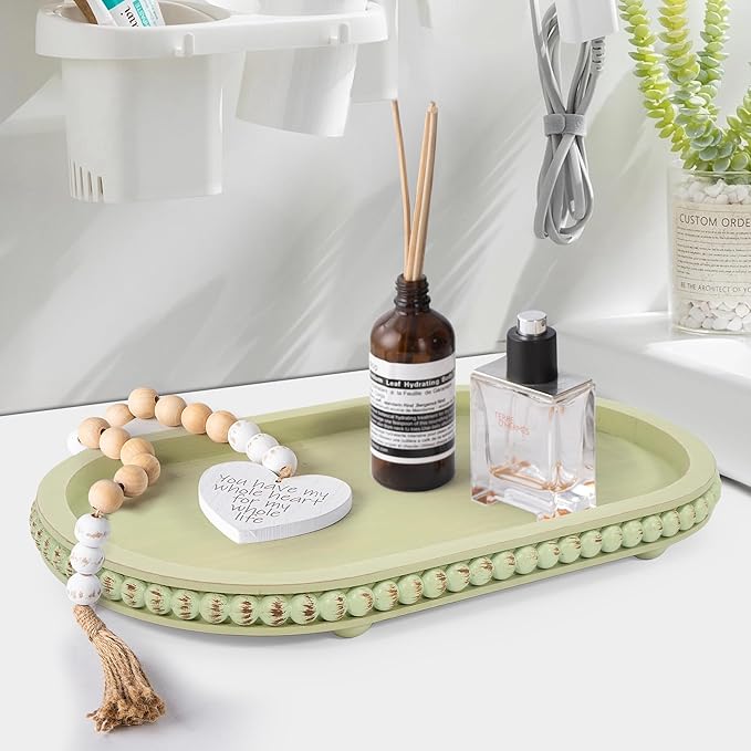 HPC Decor 15in Oval Tray for Home Decor - Green Wood Beaded Tray - Decorative Serving Tray,Rustic Farmhouse Wooden Trays for Vintage Centerpiece,Kitchen Counter,Living Room Decor,Coffee Table Decor.