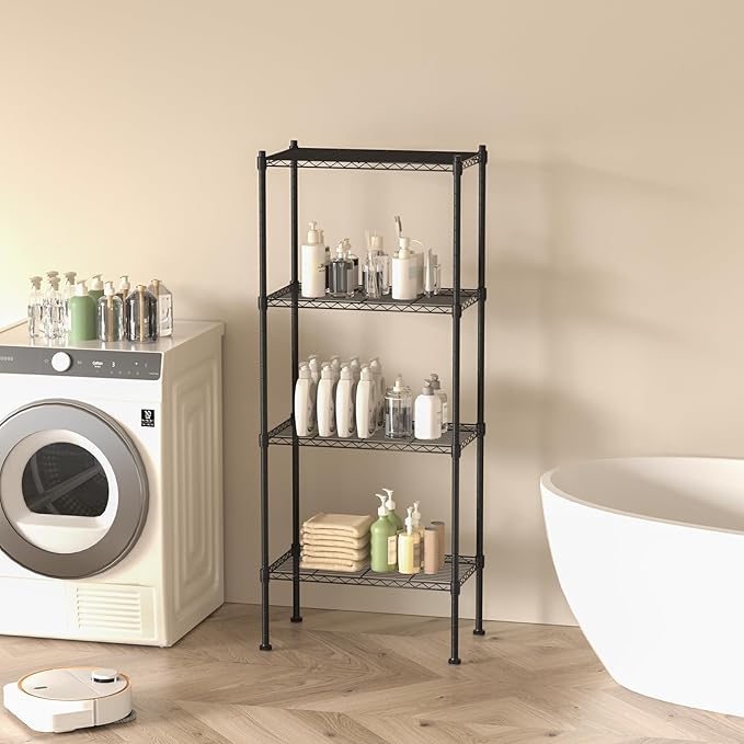 4 Tier Shelving Unit, 176 LBS Per Shelf Height Adjustable Narrow Storage Shelves, Heavy Duty Metal Garage Metal Shelves for Kitchen, Restaurant, Pantry, Laundry, Black