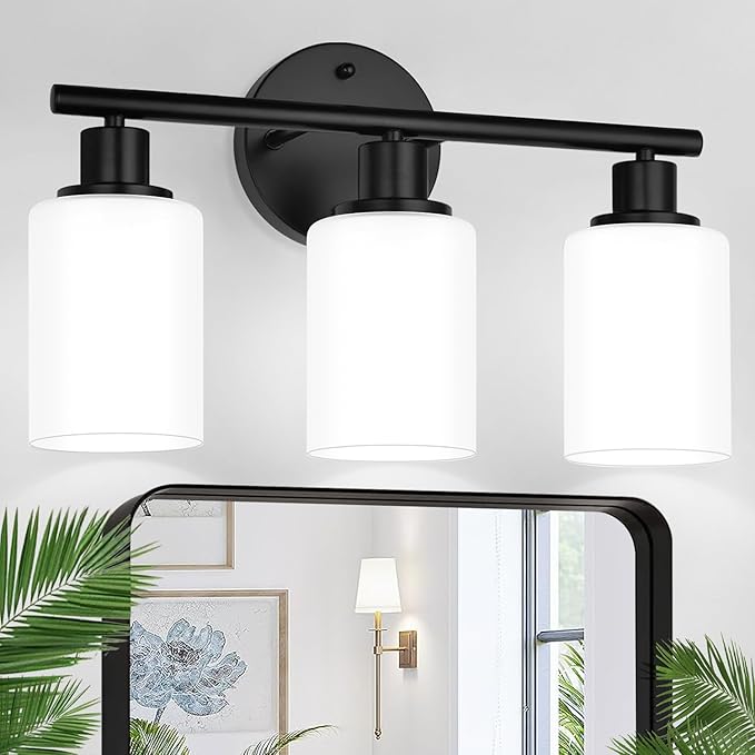 3-Light Bathroom Light Fixtures, Black Modern Vanity Lights with Milky White Frosted Glass Shades, Bathroom Wall Lamp for Mirror Kitchen Living Room Hallway Cabinet Porch