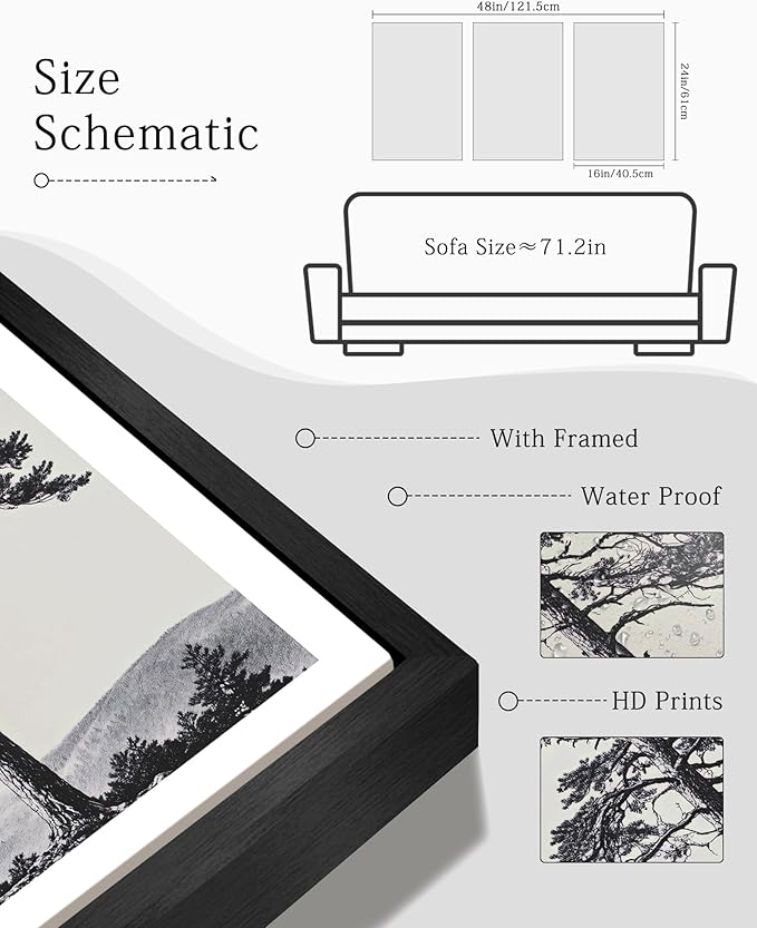 KUVIOKE Vintage Black Gray Forest Wall Art Framed Antique Retro Tree Prints Modern Rustic Artwork Bedroom Living Room Ready to Hang 16x24in (Black Framed)