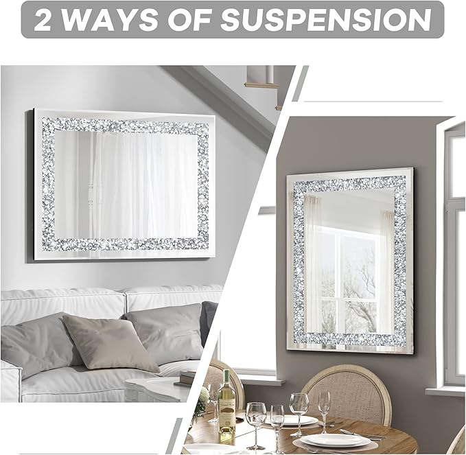 Crystal Decorative Mirror-28 x20 Rectangle Gorgeous Silver Mirror, Crush Diamond Mirror for Wall Decoration Bedroom, Hallway, Dining Room