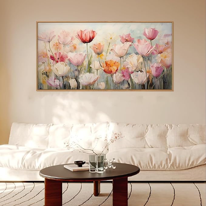 HPNIUB Large Hand-Painted Nature Wildflowers Framed Wall Art Pink Floral Canvas Oil Painting Modern Aesthetic Wall Decor Abstract Flower Artwork for Living Room Bedroom Decor -20"x40"