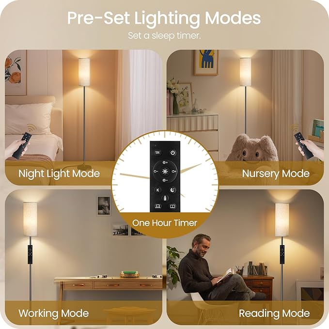 64.4” Dimmable Floor Lamp for Living Room with Remote and Foot Switch, Corner Floor Lamp for Bedroom, 10W 900LM LED Bulb Included, Modern Standing Tall Lamp, 3000K-6500K, Beige, FCC Listed E06LD05W1