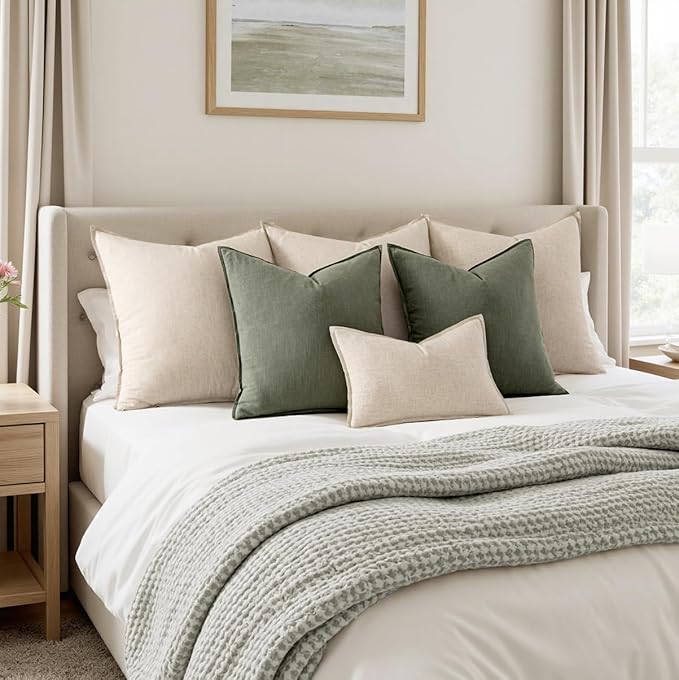 MIULEE Decorative Linen Pillow Covers 18x18 Inch Olive Green Boho FarmhouseNeutral Couch Throw Pillows for Bed Pack of 2 Accent Outdoor Pillowcase Modern Sofa Cushion Livingroom Home Decor