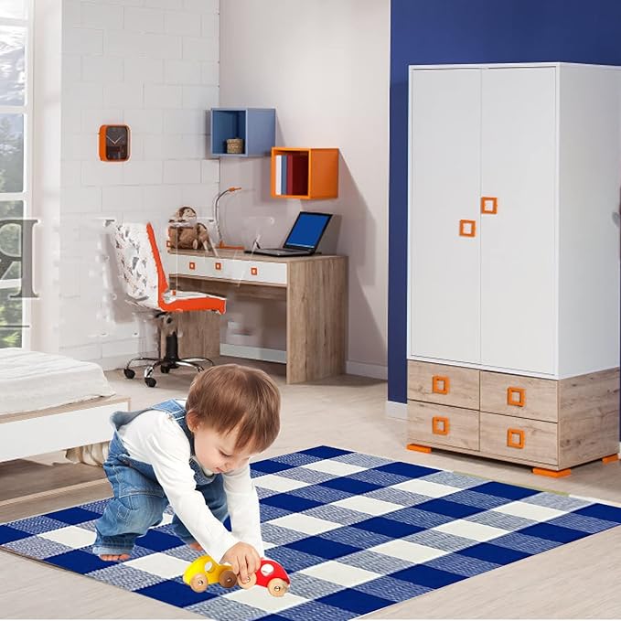 SEEKSEE Cotton Buffalo Plaid Rug 27.5"x43" Blue and White Checked Rug Washable Doormats Indoor Outdoor Rugs for Layered Front Door Mats, Porch, Kitchen, Farmhouse, Entryway