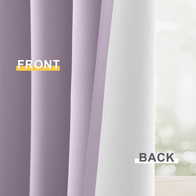 Yakamok 100% Blackout Curtain Panels 72 inches Cold and Light Blocking Drapes for Nursery, 2 Thick Layers Thermal Insulated Draperies (2 Pieces, 50 Wide Each Panel, Lilac Front with White Backing)