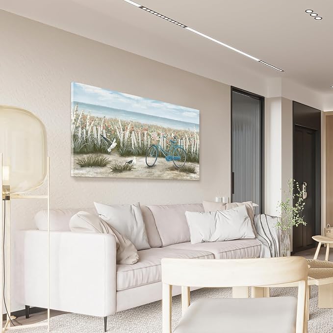 Canvas Wall Art for Living Room Boho Beach Coastal Floral Print Seaside Blue Bicycle with Pink Flowers Seagull Seascape Painting Seashore Wildflower Landscape Vintage Farmhouse Decor Artwork 48x24inch