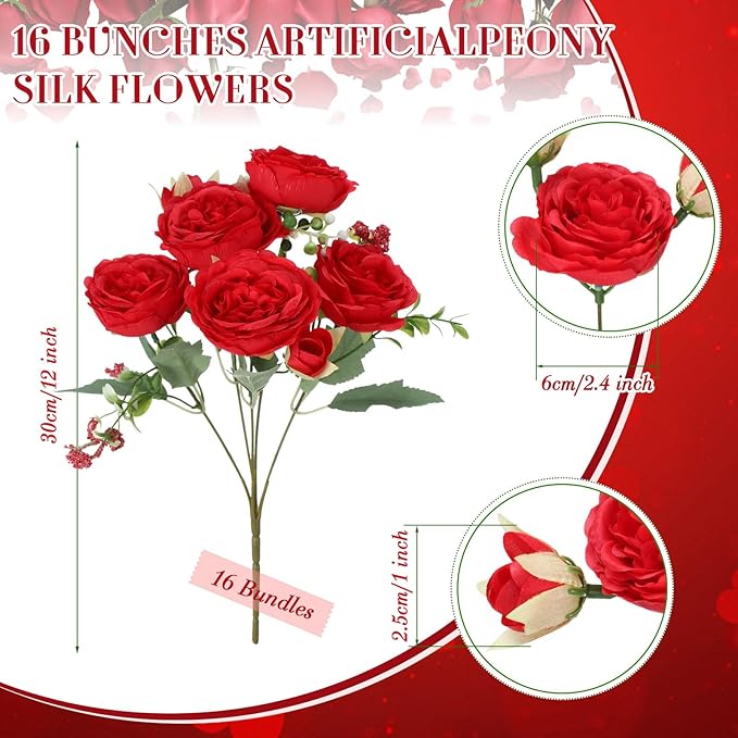 Geosar 16 Bundles Artificial Peonies Flowers Fake Silk Peony Bouquet Faux Peonies Flowers Bulk for Decoration Vase Florals Arrangements Wedding Party Table (Bright Red)