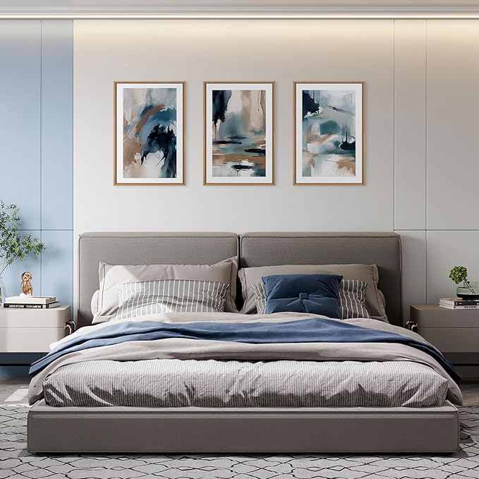 KAIRNE Blue Abstract Neutral Framed Canvas Wall Art Set, Navy Abstract Wall Decor, Watercolor Blue and Brown Wall Painting, Modern Textured Art Prints for Living Room, Bedroom, Office - 16"x24"x3