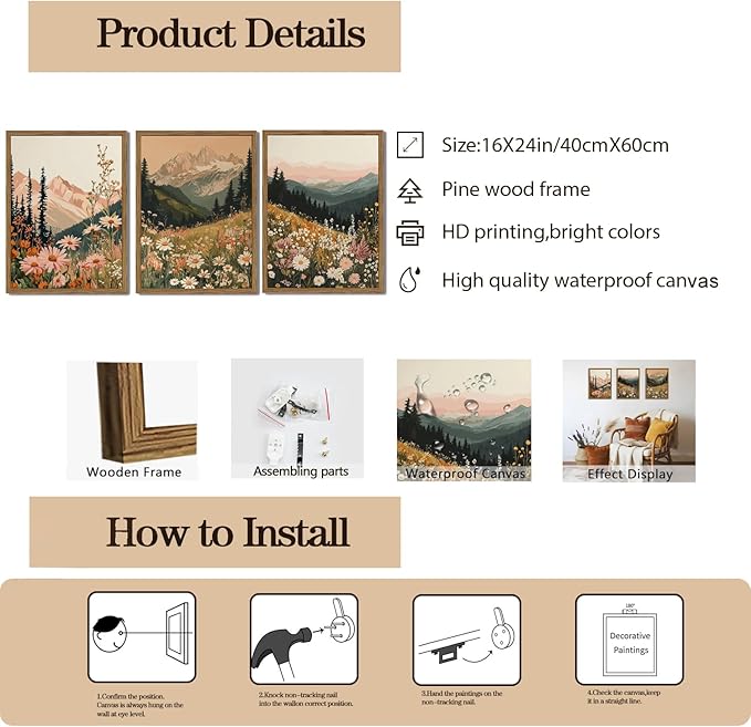 Framed Boho Colorful Wildflower Landscape Wall Art Set of 3, Vintage Floral Mountain Wall Decor Paintings, Nature Flower Pictures Canvas Prints for Living Room Bedroom Office 16x24 inch