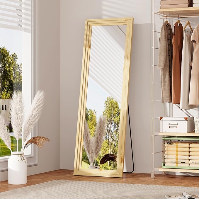 Full Length Mirror,58x16 Inch Full Length Mirror Wall Mounted,Vertical Hanging,Leaning Standing for Bedroom,Living Room,Rectangular Wooden Frame,Log Color.
