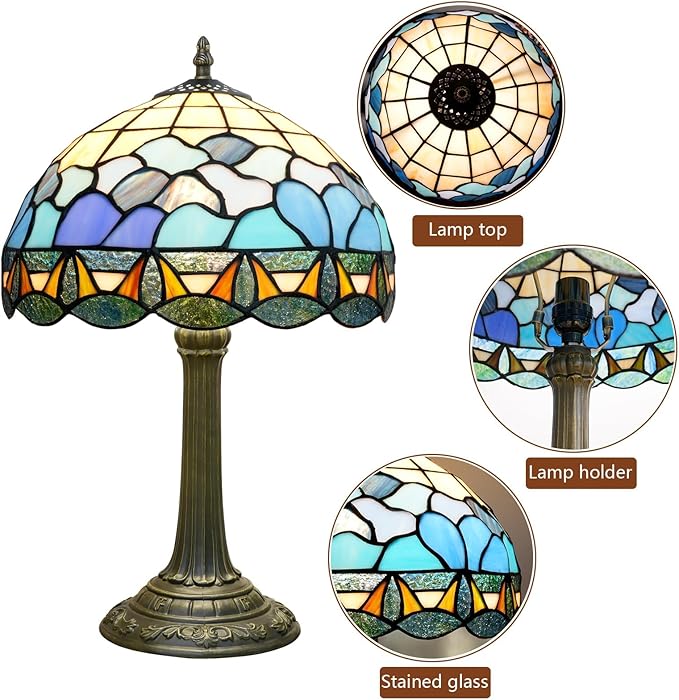 Tiffany Lamp 12 Inch Stained Glass Lamp Blue And White Sea Wave Tiffany Style Vintage Reading Bedside Lamp Can Be Used For Bedroom Dormitory Living Room Warm Atmosphere Retro Home Decoration Gifts