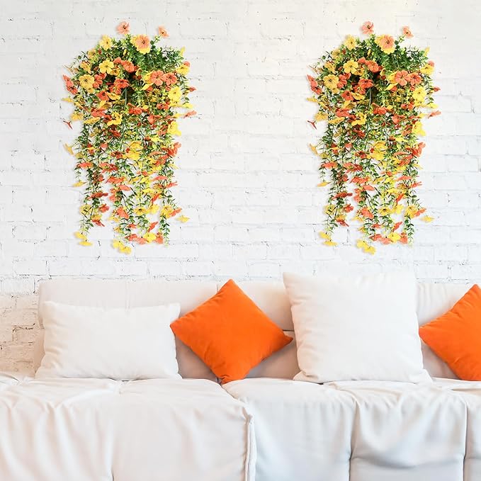 4 Pcs Artificial Hanging Flowers for Outdoor Decor, Fake Hanging Plants UV Resistant Realistic Yellow Orange Fake Hanging Flowers for Outside Garden Porch Spring Summer Decor