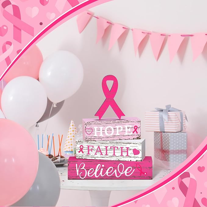 Geelin 4 Pcs Breast Cancer Awareness Wooden Table Centerpiece Decorations Blocks Tiered Tray Decor Fight Cancer Theme Pink Ribbon Table Top Sign for Home