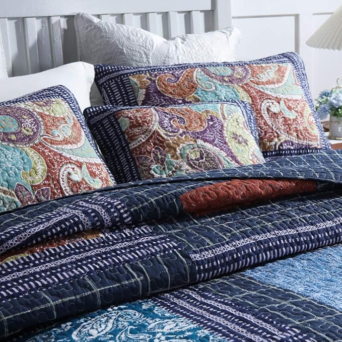 Secgo Twin Size Quilt Size - 100% Cotton Comforter Set Bedding Sets (68 * 86 Inch) with 2 Pillow Shams, Patchwork Reversible Lightweight Bedspread