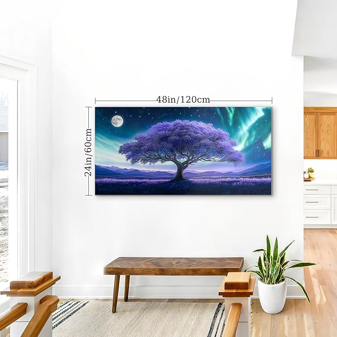 crmotu Tree of Life Large Wall Art for Living Room, Purple Tree Art Prints, Aurora Landscape Canvas Painting, Surreal Art Wall Pictures for Bedroom Bathroom, Modern Office Decor Artwork 24X48in